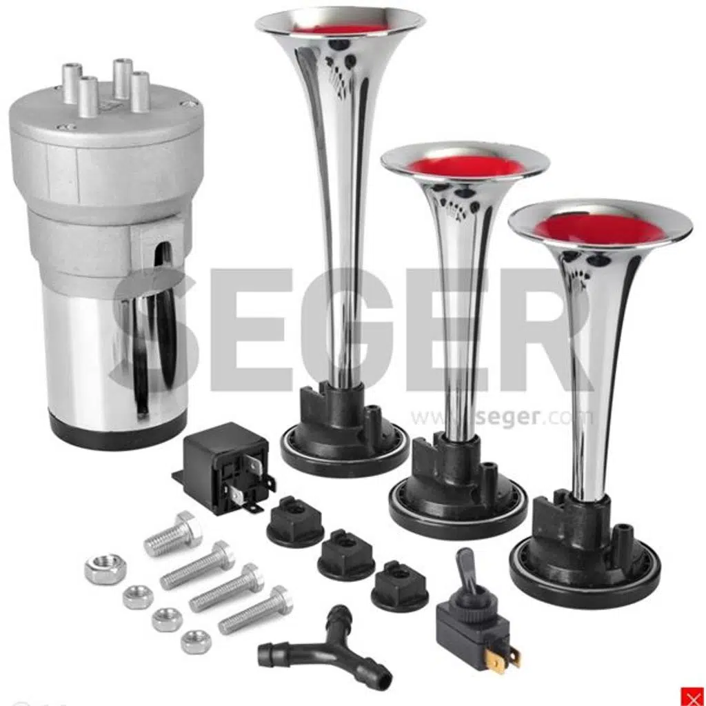 12V ÜÇLÜ KORNA KOMPRESÖRLÜ KROM BORULU (1 AD )