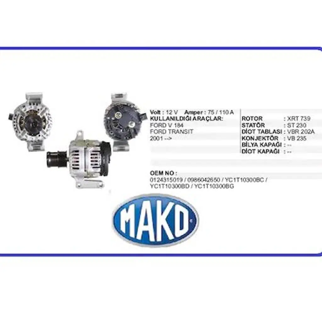 ALTERNATÖR A115I.14V/105A FORD TRANSIT (2002 MODEL ) V184 (1 AD )