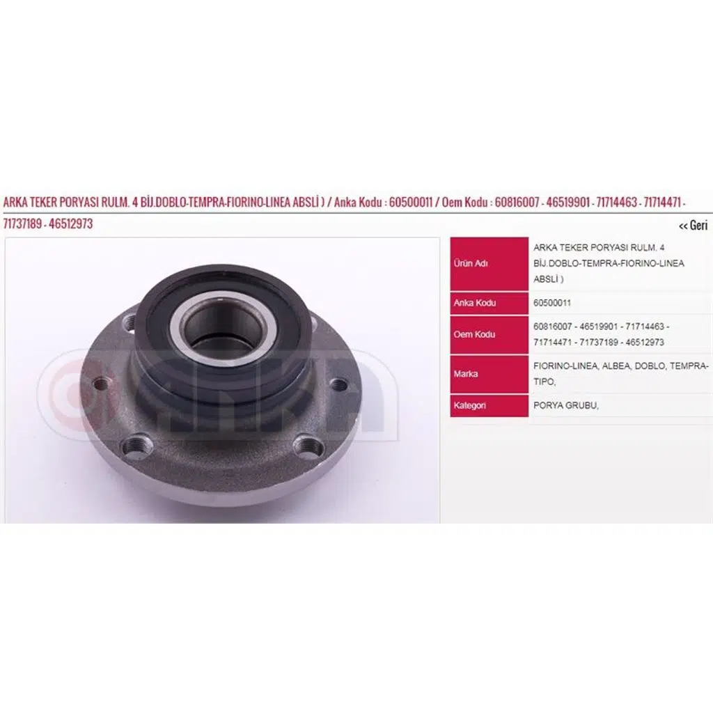 ARKA TEKER PORYASI RULM. 4 BİJ.ABSLİ (36X116X61) FIAT DOBLO 00-10-TEMPRA-FIORINO-LINEA (1 AD )