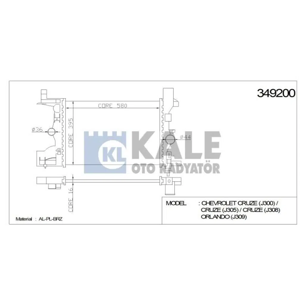 BRAZING SU RADYATÖRÜ OPEL ASTRA J 1.4/1.6/1.8 09- CHEVROLET CRUZE 1.6(579X397X16) AL/PL/BRZ (1 AD )