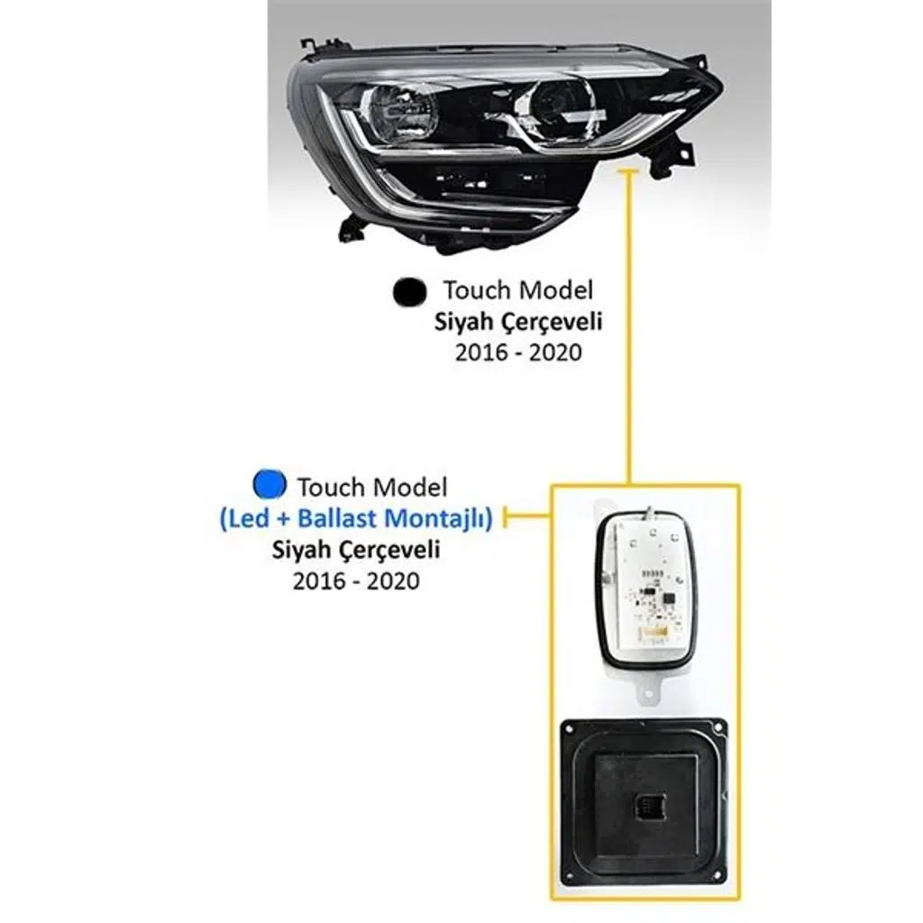 FAR MOTORLU SOL RENAULT MEGANE IV 2017- TOUCH MODEL SİYAH ÇERÇEVELİ (LED+BALLAST) (1 AD )