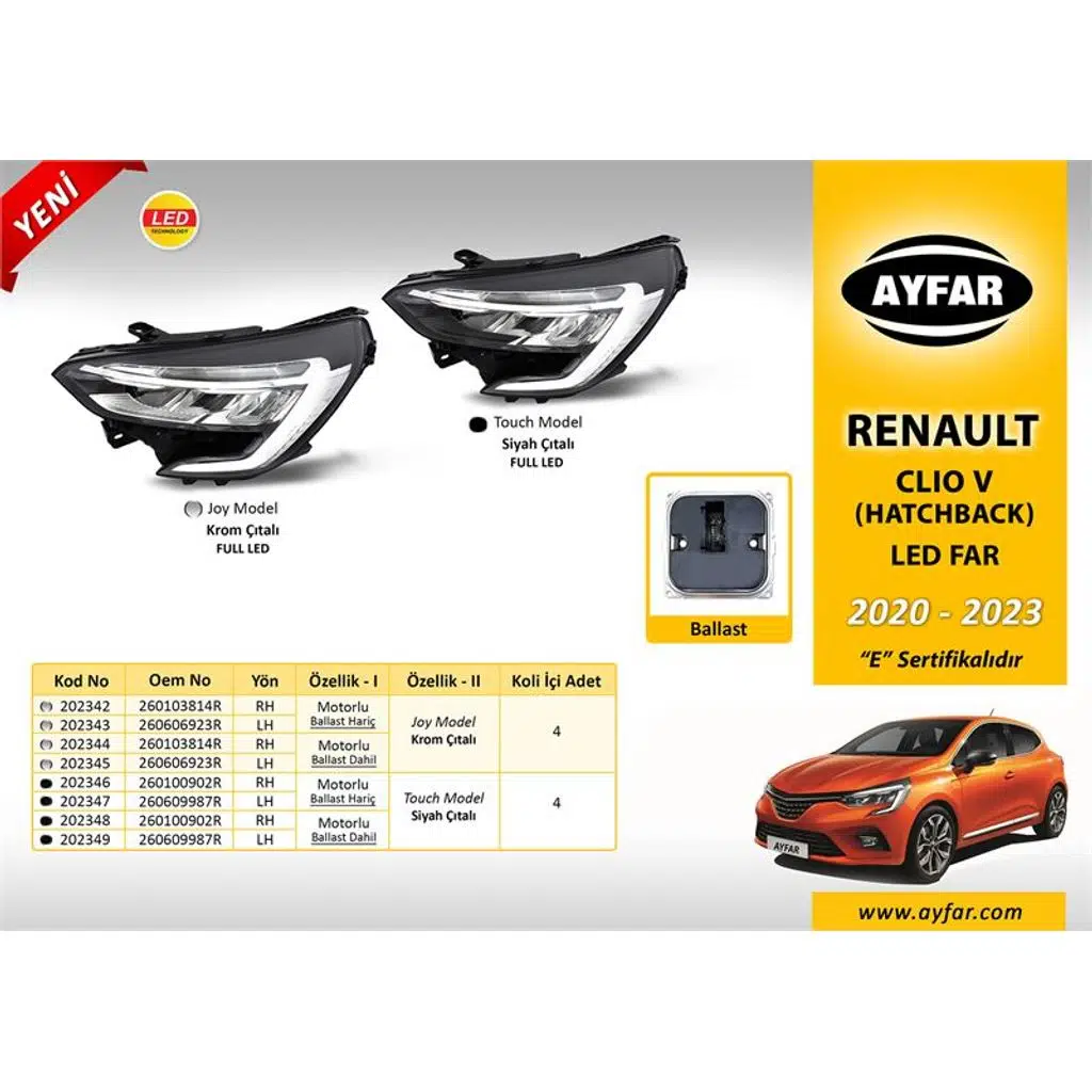 FAR SİYAH ÇITALI MOTORLU SOL (BALLAST BEYİN HARİÇ) RENAULT CLIO V HATCBACK (2020-2023) (1 AD )