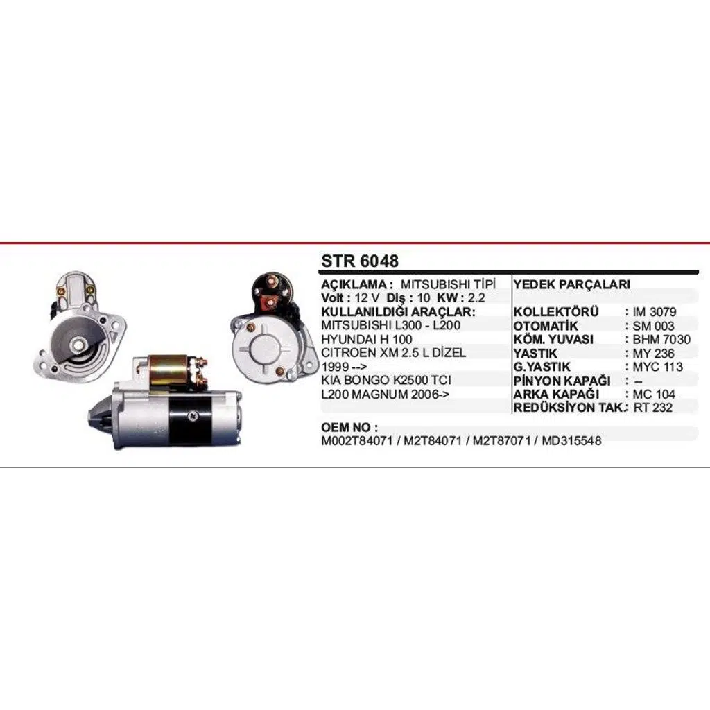 MARŞ MOTORU 10DİŞ MITSUBISHI L300/ HYUNDAI H100 04-> KISA BURUN MITSUBISHI TİP STR6047 (AYNI) (1 AD )