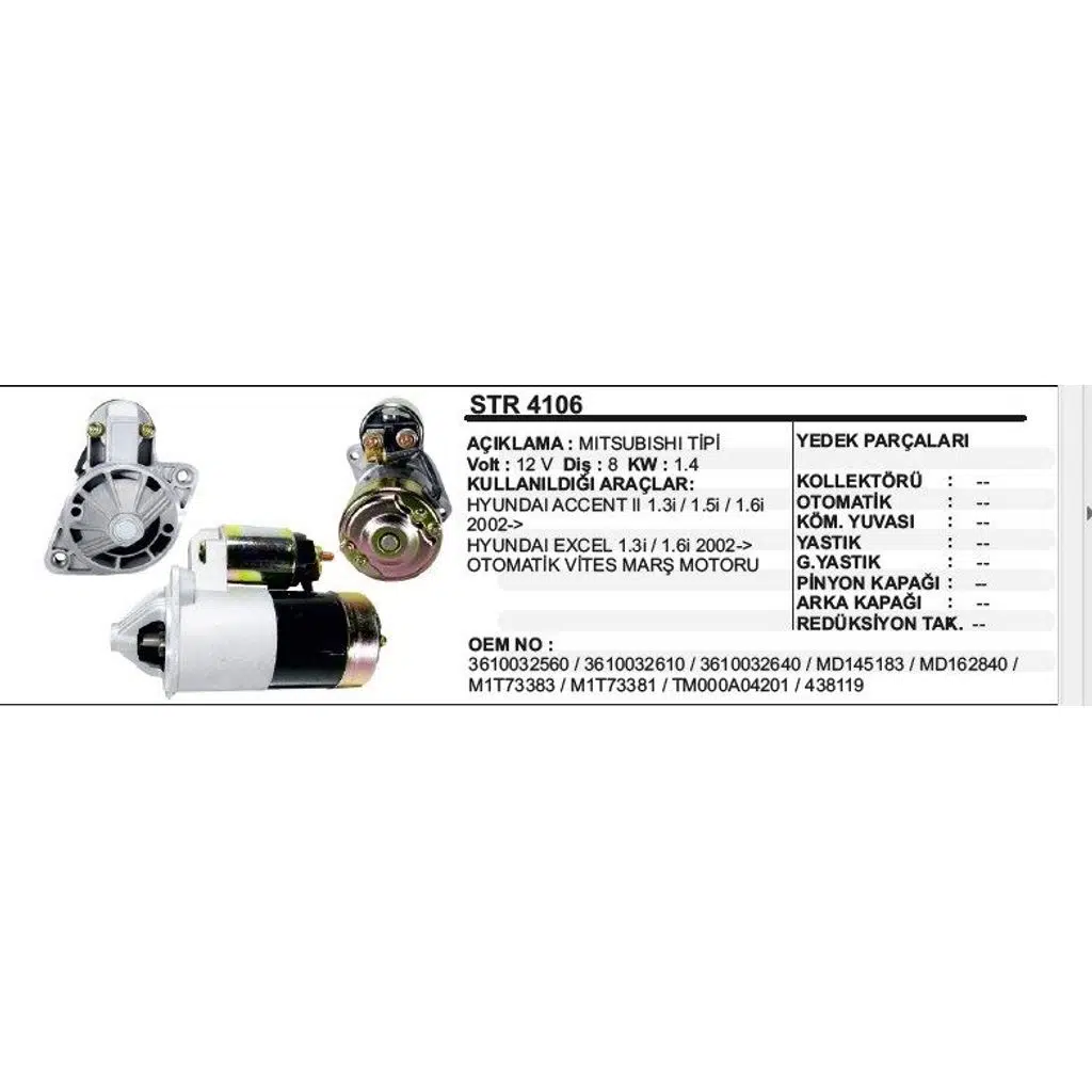 MARŞ MOTORU 8DİŞ 12V HYUNDAI ACCENT/ELANTRA OTOM.VİTES MITSUBISHI TİP (1 AD )