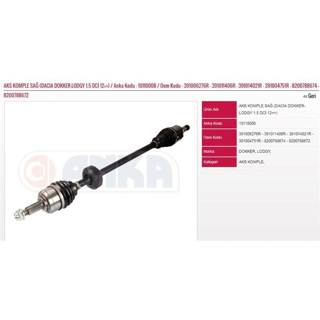 ON AKS KOMPLE SAĞ DOKKER-LODGY 1,5DCI K9K 12-> (1 AD )
