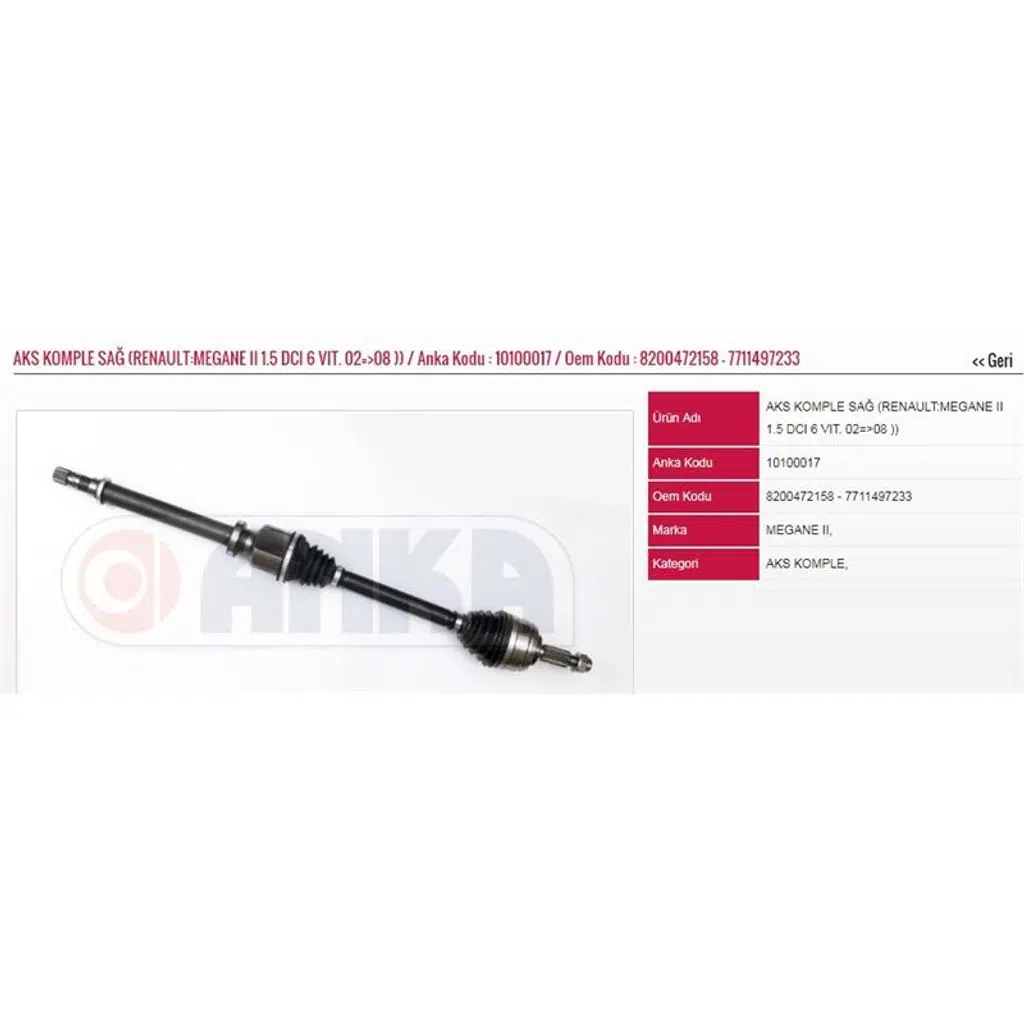 ON AKS KOMPLE SAĞ MEGANE II 1,5 DCI M-T 6 VİTES 02-09 (DIS FREZE:25-IC FREZE:26-UZUNLUK:905) (1 AD )