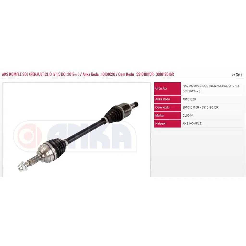 ON AKS KOMPLE SOL CLIO IV 1,5DCI (DIS FREZE:23-IC FREZE:26-UZUNLUK:662MM) (1 AD )