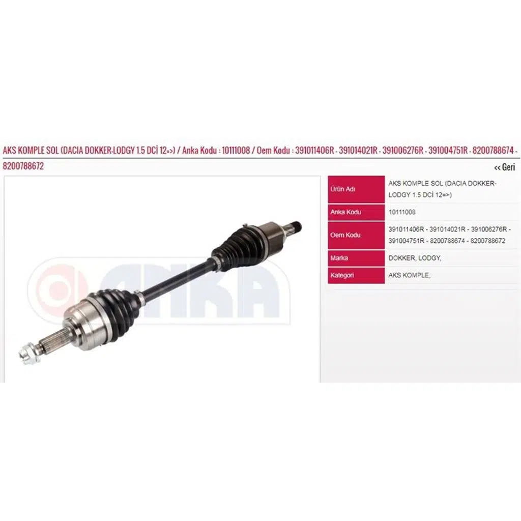 ON AKS KOMPLE SOL DOKKER-LODGY 1,5DCI K9K 12=>) (1 AD )