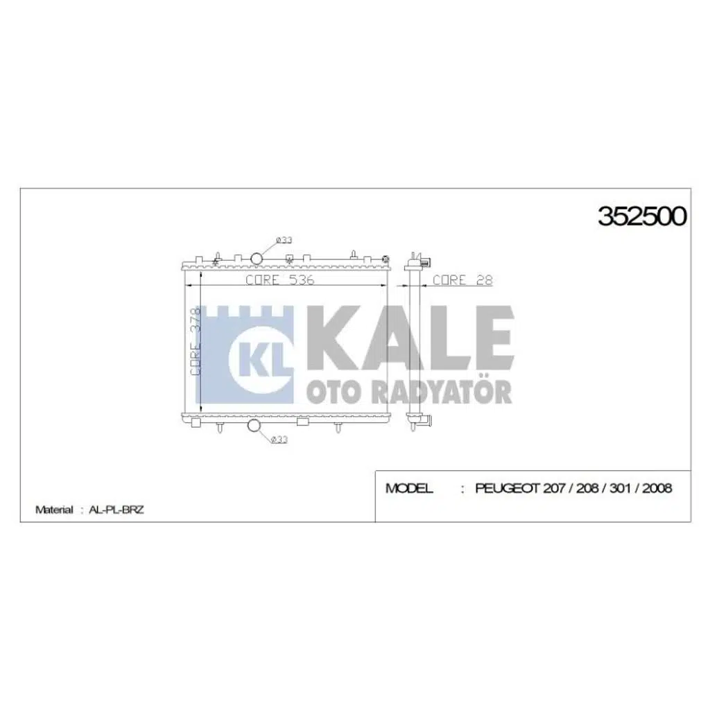 RADYATÖR PEUGEOT 301/207/208 2008 CITROEN C2 C3 C-ELYSEE PARTNER TEPEE(378X538X26) AL/PL/BRZ (1 AD )
